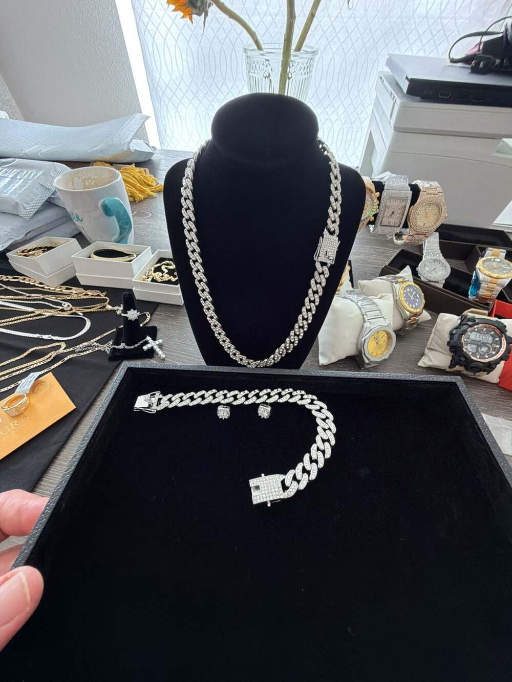 Iced Out VVS1 CZ Cuban Link Necklace, Bracelet, and Earring Set